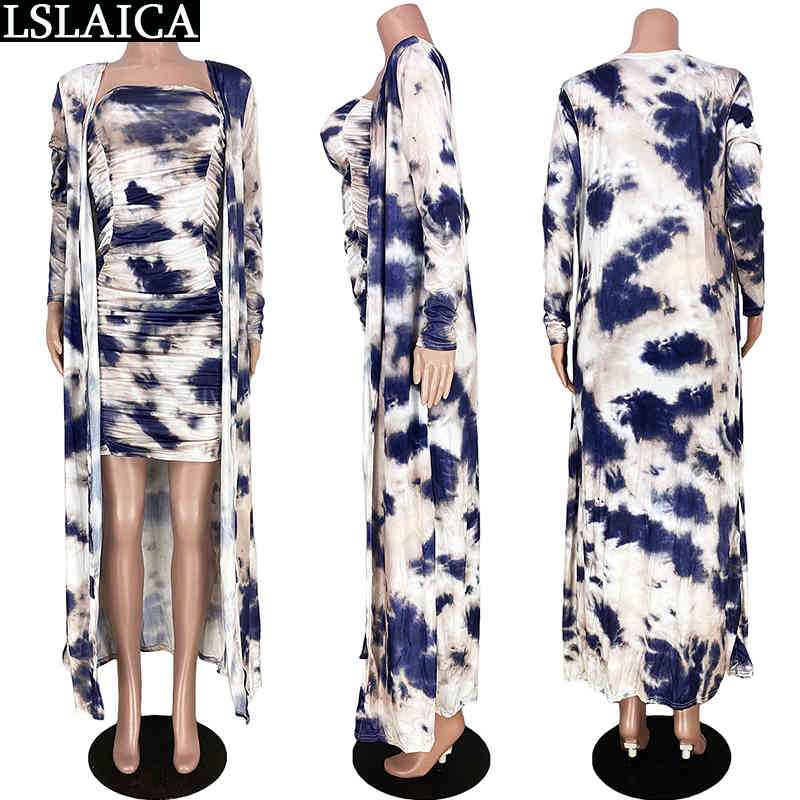 2 Piece Sets Womens Outfits Fashion Tie Dye Print Long Coat and Sleeveless Ruched Mini Dress Set Autumn Sexy Ensemble Femme 210520