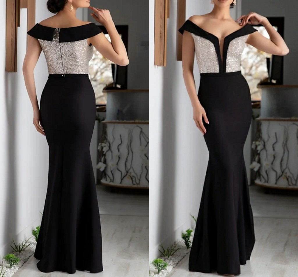 Black Engagement Formal Evening Dress Off the Shoulder Floor Length Satin Prom Party Gown 2022 Top Sequin Abendkleider robe de soiree vestidos fiesta
