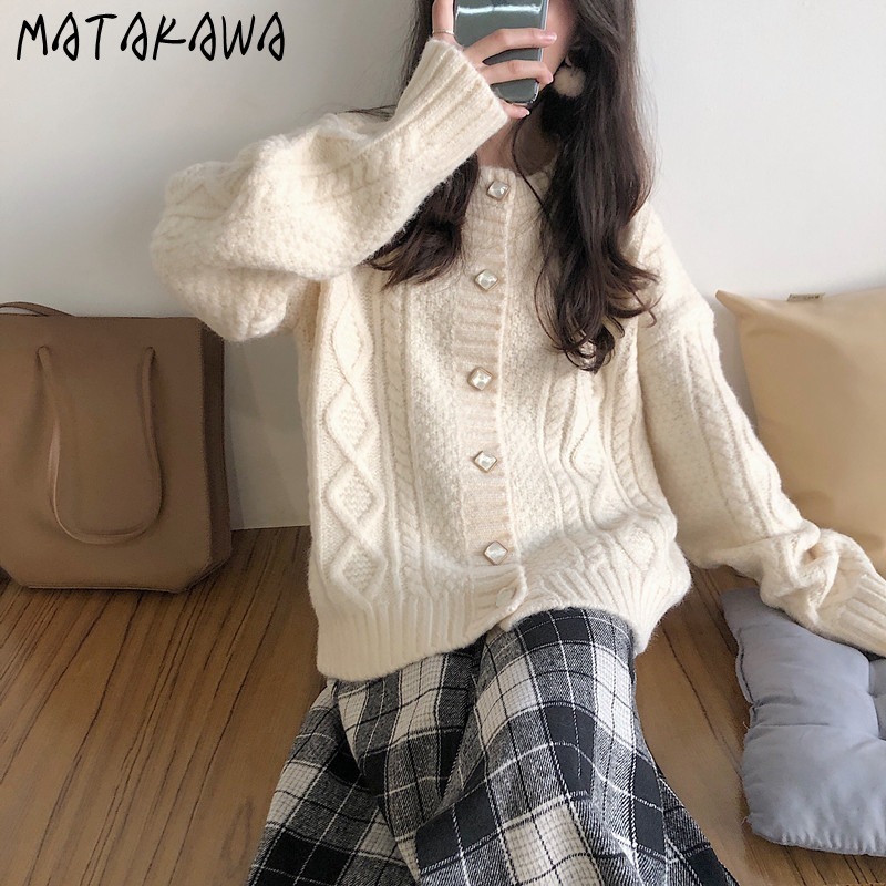 MATAKAWA Autumn and Winter Twist Round Neck Women's Sweater Japanese Sweaters Women Loose Outer Wear Cardigan Coat 210513