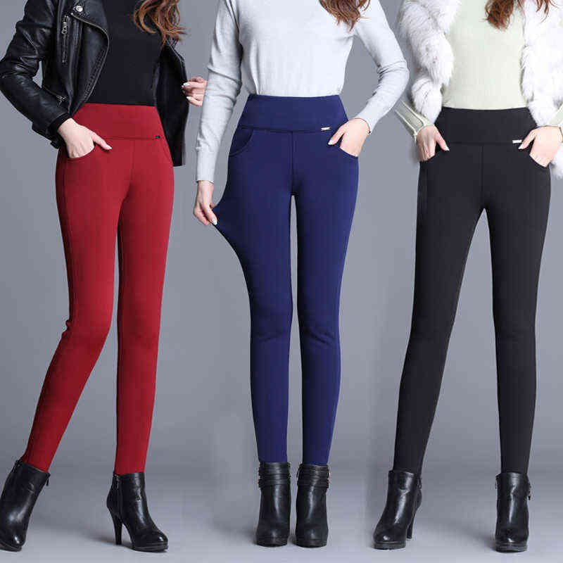 OUMENGKA Plus Size Winter Thick Warm Cashmere High Waist Black Pants Women Elastic Skinny Stretchy Ladies Trousers 6XL 211115