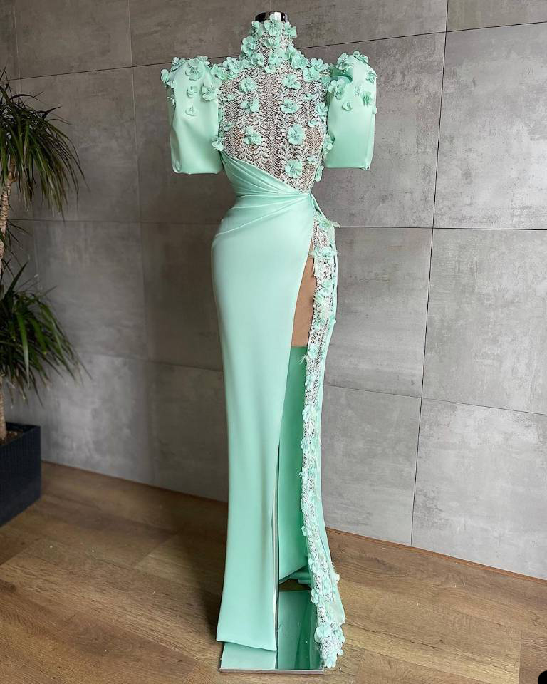 Elegant Satin Mermaid Evening Dresses 2022 High Neck Long Sleeve 3D Floral Formal Prom Party Gowns Vestidos De Novia