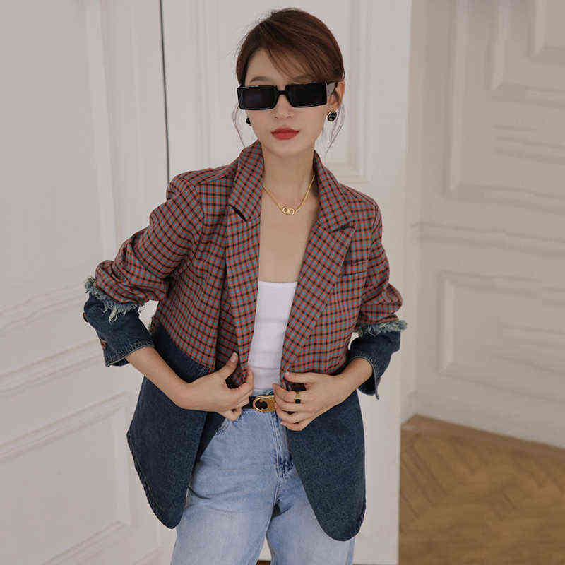 [EAM] Women Plaid Denim Split Big Size Blazer Lapel Long Sleeve Loose Fit Jacket Fashion Spring Autumn 1DC811 211122