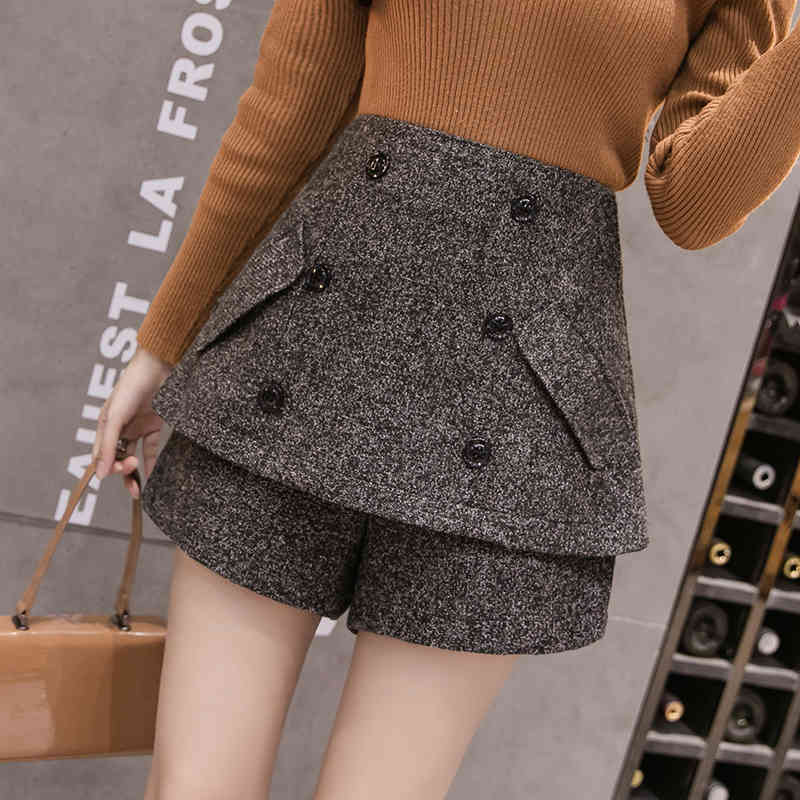 Short Mujer Fashion High Waist Solid Shorts Women Wide-legged Trousers Casual Woolen Vintage 7404 50 210508