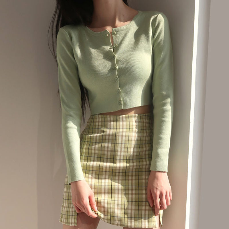 Korean High-waisted Single-breasted Button-up Long Sleeve Women's Top Spring Knitted Cardigan Slim Short Coat 12820 210427