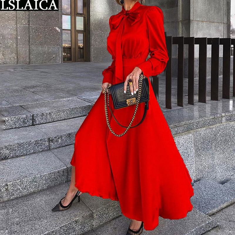 Elegant Maxi Dresses for Women Long Sleeve Bow Collar High Waist Autumn Solid Evening Party Plus Size Vestidos 210515