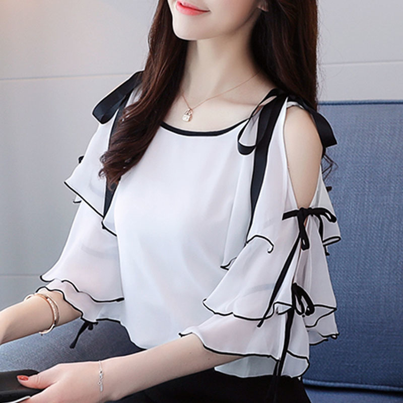womens tops and blouses black dot chiffon blouse shirt butterfly sleeve shirts summer off shoulder top 3096 50 210508