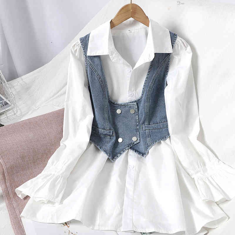Nomikuma Spring New Blouse 2 Piece Suit Medium-long Puff Sleeve Blouse Shirt + Double Breasted Demin Vest Korean Sets 6D981 210427