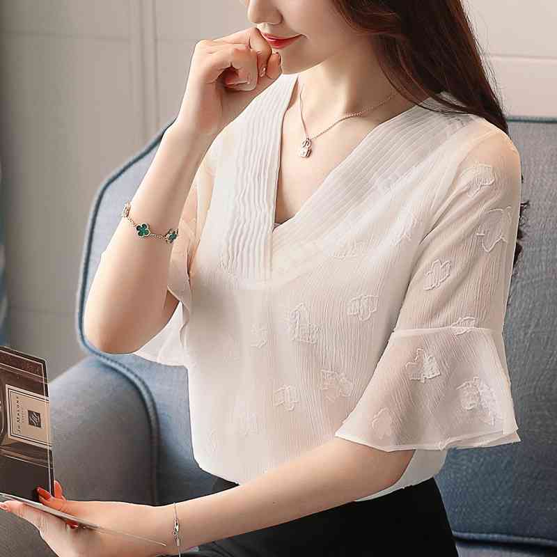 Summer Embroidery Organ Pleat Women Blouses Shirts V-neck Chiffon Shirt Short Sleeve Sweet Female Top Blusa 0391 40 210506