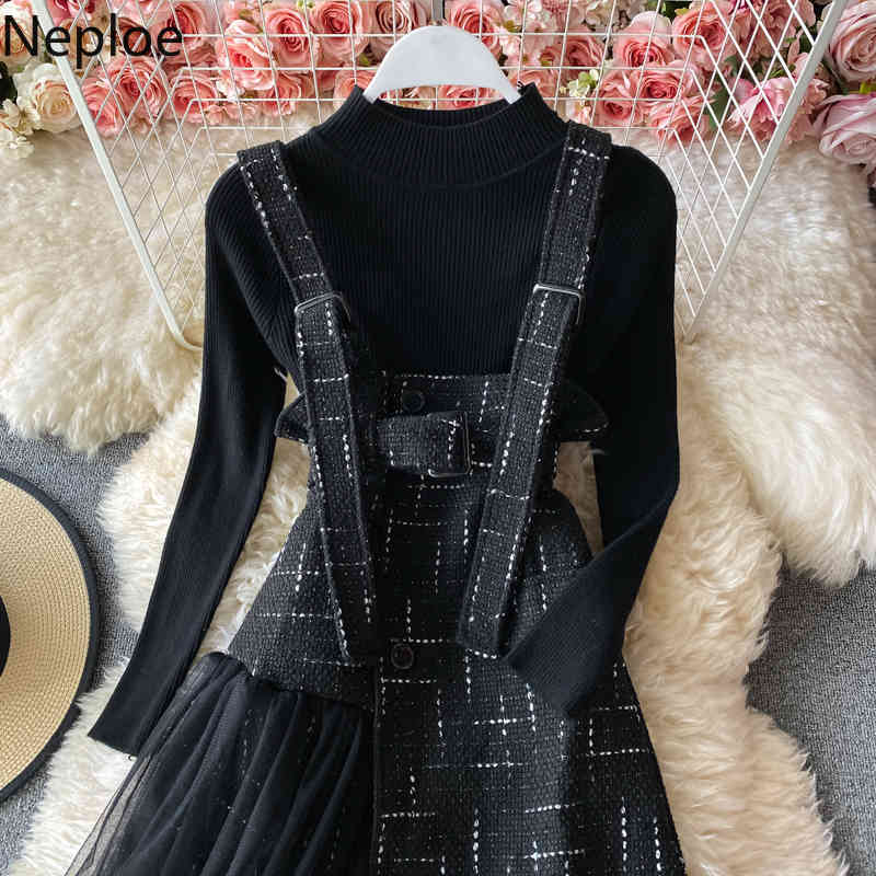 Neploe Two Piece Set Women Knitted Sweater Sling Patchwork Gauze Dresses Korean Chic Suit Femme Roupas 2 Piece Set Female 4G300 210422