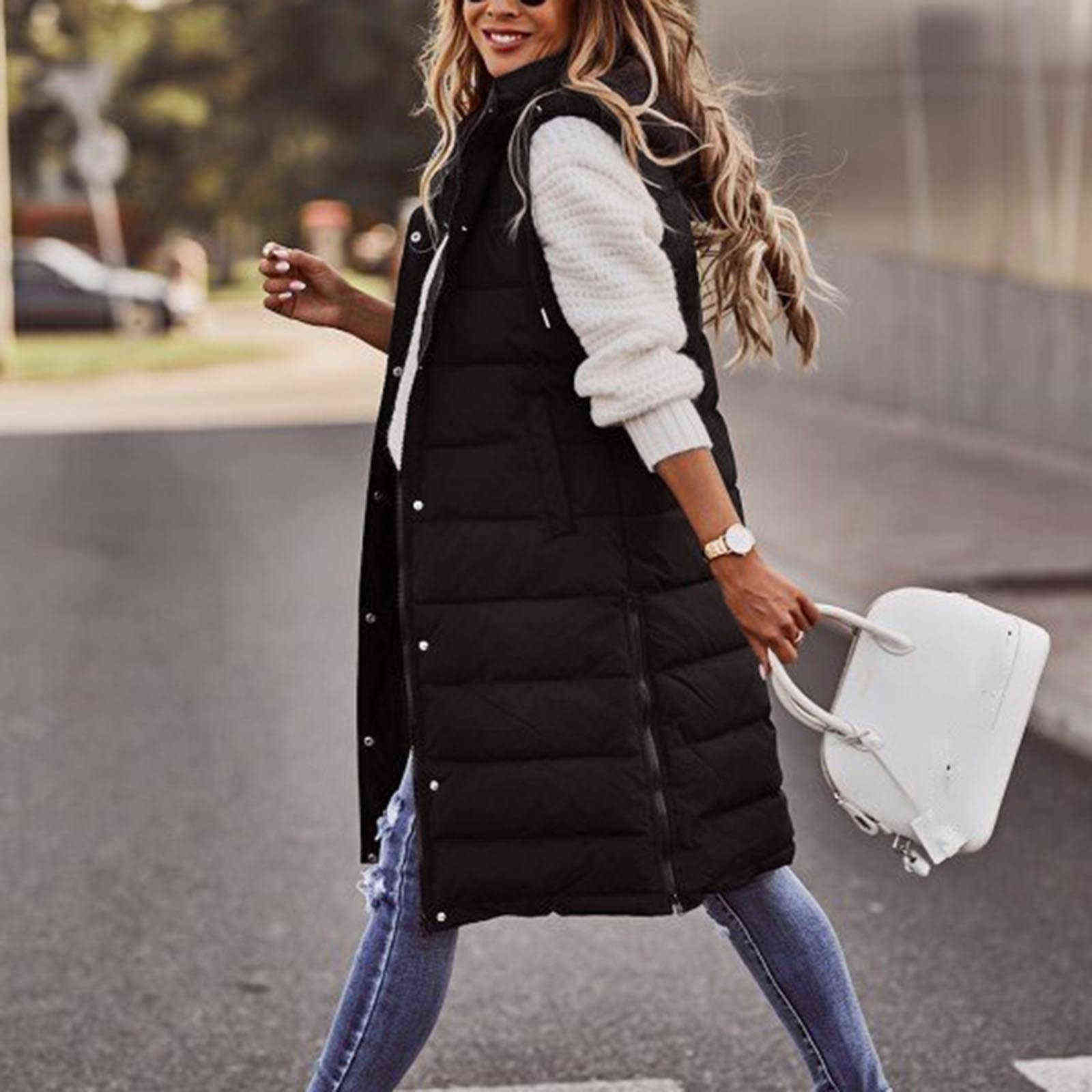 Women's Long Winter Coat Vest Hooded Sleeveless Warm Down Pockets Quilted Jacket Female Outdoor 40 211120
