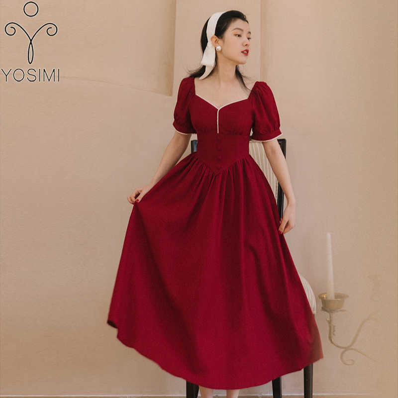 

YOSIMI Long Dres Summer Vintage Short Puff Sleeve Strapless Fit and Flare Mid-calf Red Wine Empire A-line Dresses 210604, Burgundy