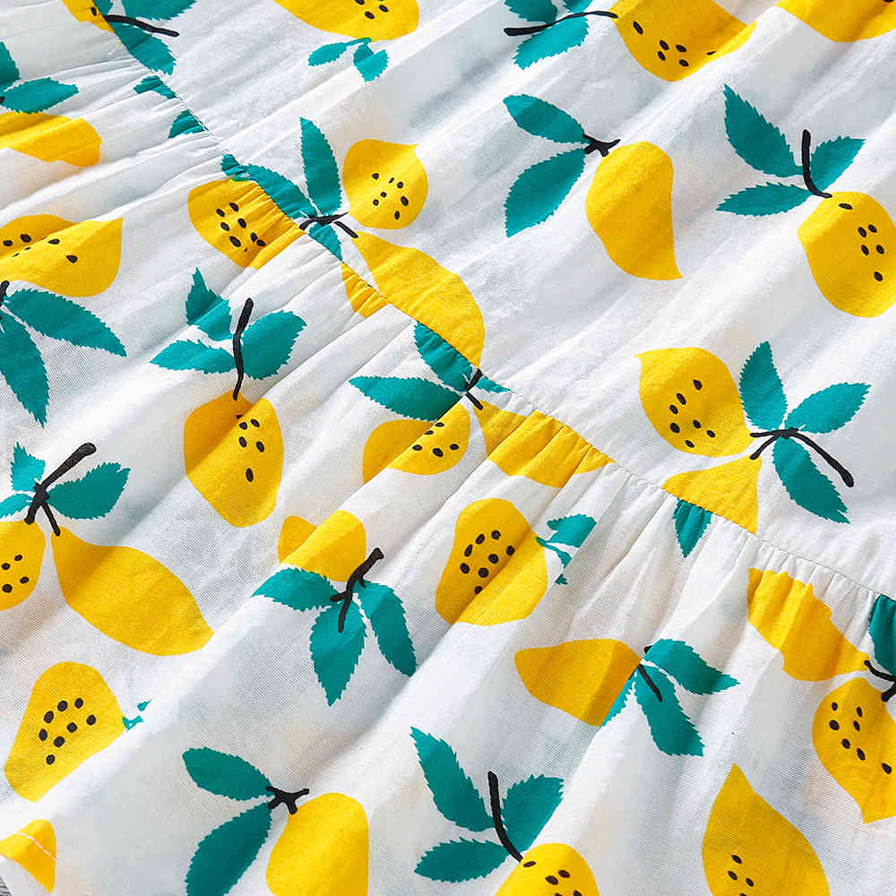 Fashion Square Neck Lemon Print Dress For Girl Children Clothing Summer Cute Flying Sleeve 210515