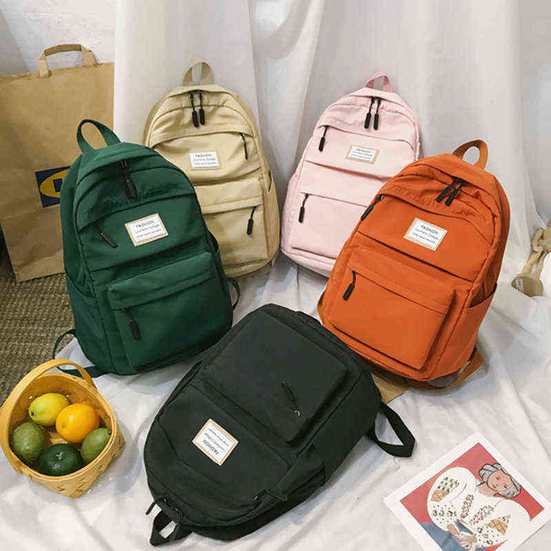 New Casual Backpack Solid Color Nylon Women Backpack Student School Bag Teenage Girls Shoulder Bags Mochilas Rucksacks Backbag Y1105