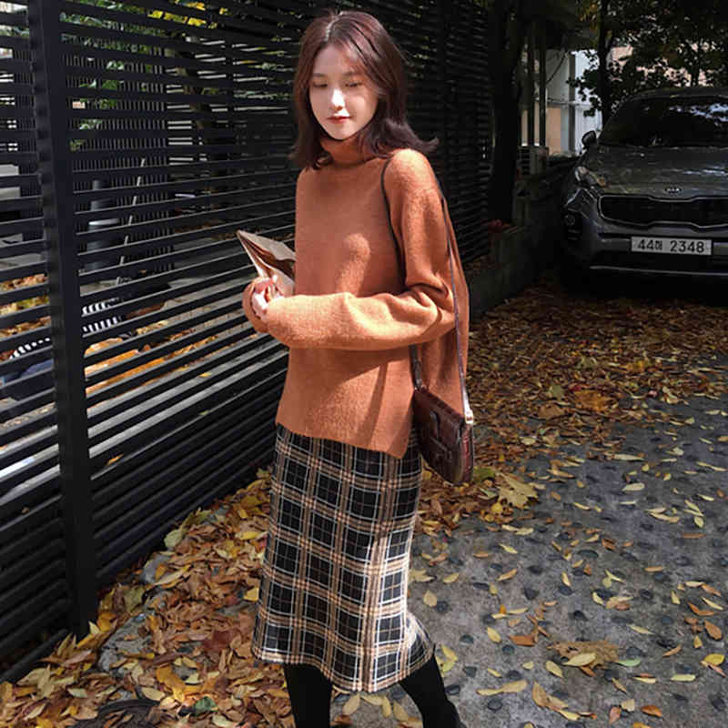 Plaid Skirts Womens Autumn Winter Vintage Saia Slim Casual Women Knee Length Pencil Elegant OL Bodycon 210515