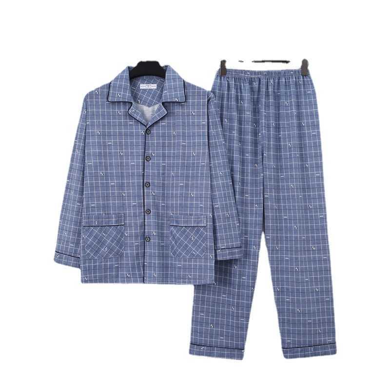 Cotton Men's Sleeve Nightwear Lapel Buttons Men's Pajamas Set Autumn Winter Leisure Elastic Waist Men Sleepwear Tops Long Pants 211019