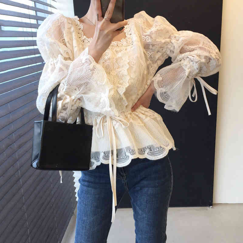 Nomikuma Korean Lace Hook Blouses Lace Up Slim Waist Flare Long Sleeve Shirt Autumn Chic Square Collar Blusas Mujer 6D109 210427