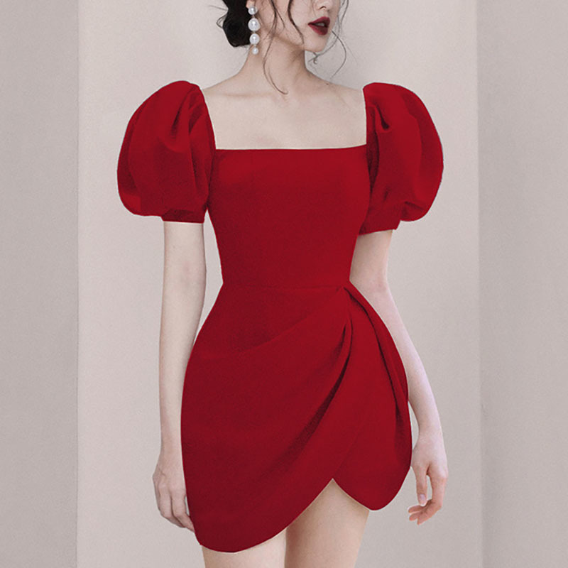 Elegant Fashion Vintage Dress Women Summer Puff Sleeve High Waist Ruched Slim Short Party Dress Female Vestidos 210518