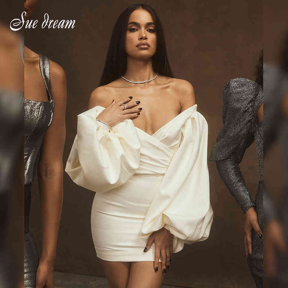 Women's Sexy V-neck Strapless Long Puff Sleeve Bodycon Mini Dress High Street Party Ladies White Vestido 210519
Women's Sexy V-neck Strapless Long Puff Sleeve Bodycon Mini Dress High Street Party Ladies White Vestido 210519