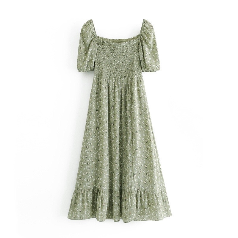 Vintage French Style Elastic Ruched Body Floral Print Women Dress Ruffles Square Collar Hem Slit Midi Dresses Beach Holiday 210429