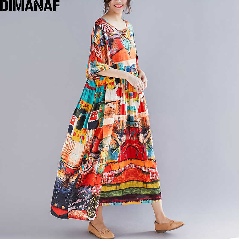 DIMANAF Plus Size Women Print Dress Summer Sundress Cotton Female Lady Vestidos Loose Casual Holiday Maxi Dress Big Size 5XL 6XL 210630