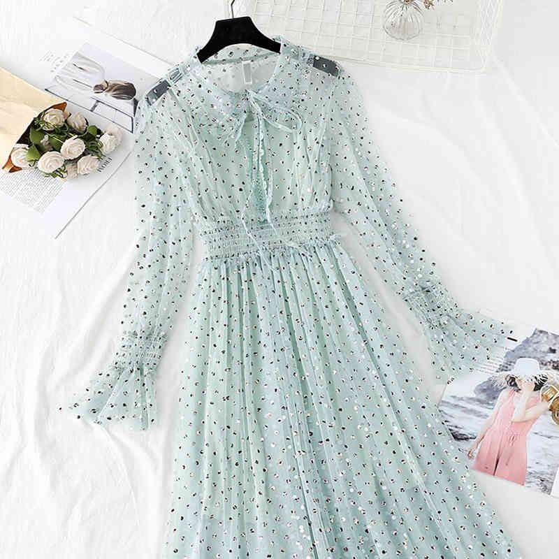 Polka Dot Print Women Dress 2-piece Set Spring Summer Vintage Sweet Mesh Dresses Long Sleeve Party Dress Robe Femme Vestido 210521