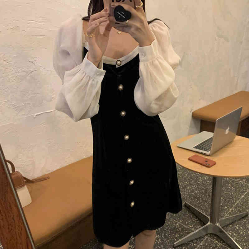 Nomikuma Korean Hit Color Patchwork Velour Dresses Puff Sleeve Square Collar Women Dress Spring New Vestidos Femme 6E978 210427