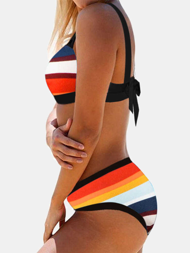 Women Colorful Stripe Print Back String Bikini Backless Swimwear Bathing Suits Striped Swimsuit KZ090 210625