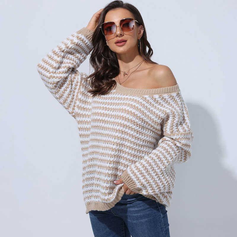 Autumn Winter V Neck Sweater Pullover Women Loose Off Shoulder Sweater Ladies Long Sleeve Jumper Sweater For Women Knitwear 211014