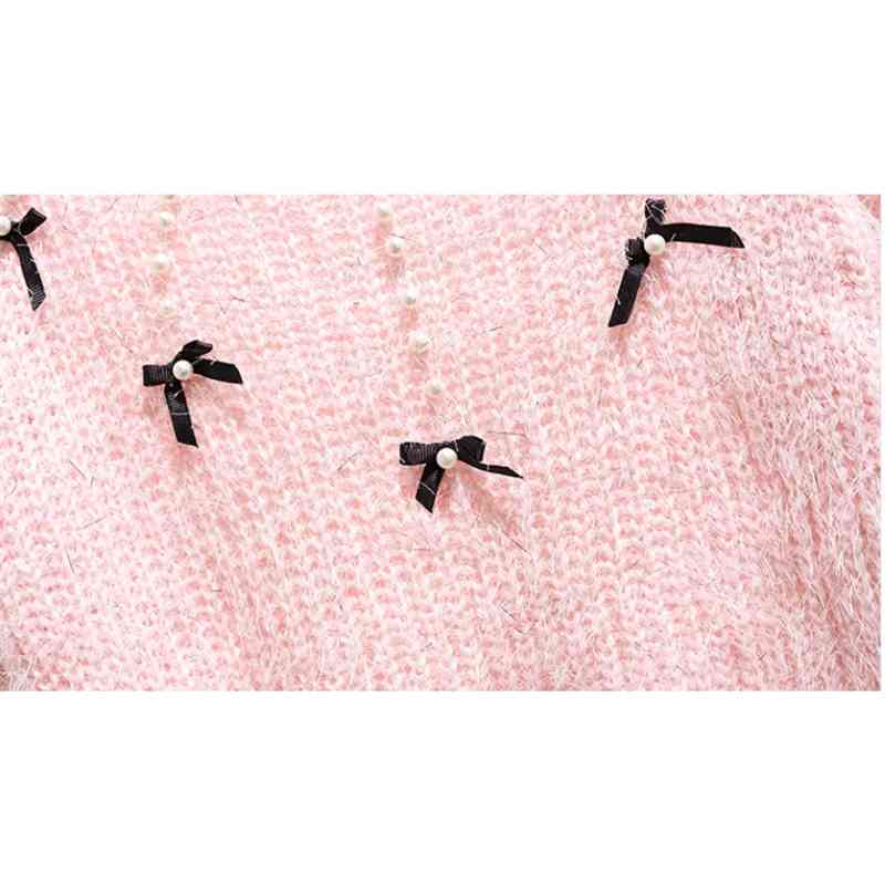 Autumn Winter Two Piece Set Women Elegant Beading Bow Knitted Sweater+High Waist Tweed Plaid Mermaid Skirt Sets 210520