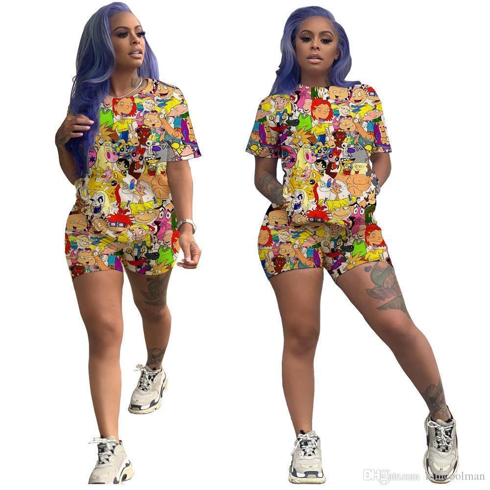 Fashion Cartoon Printed Casual Set dresses Womens Designer Tracksuit Short Sleeve Outfits 2 Piece Pant Sport Suits Clubwear