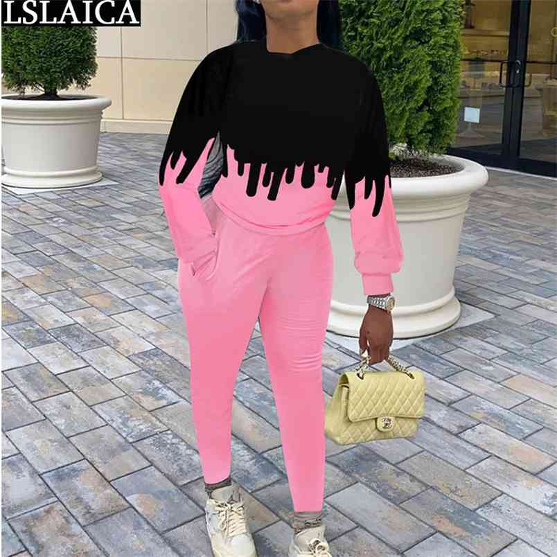 Casual Two Piece Outfits for Women Sets Streetwear Plus Size Pencil Pants Long Sleeve O Neck Tops Set Autumn Female Tracksuit 210515