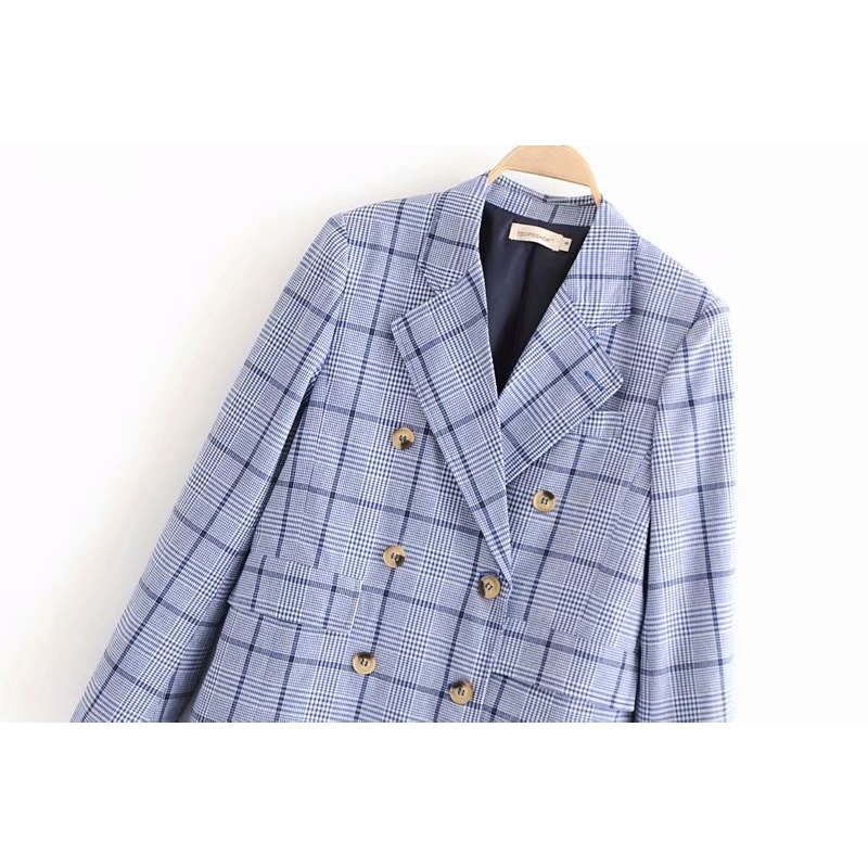 spring autumn Korean blue plaid blazer coat windbreaker double-breasted casual British style long suit jacket for woman 210508