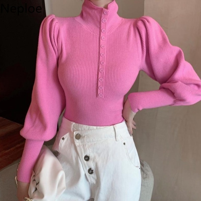Neploe Turtleneck Solid Color Sweater Women Single Breasted Puff Sleeve Knitted Pullovers Sueter Mujer Slim Sweet Jumper Tops 210422