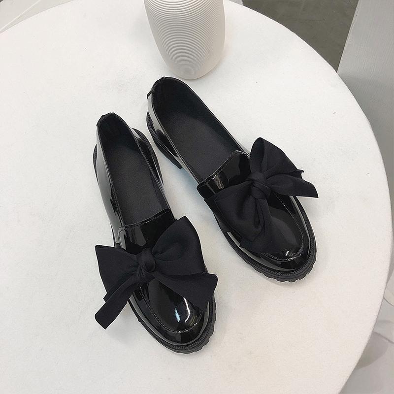 Dress Shoes 2021 Women Small Leather Women's Retro British Style Bow College Soft Black Chunky-Heel Woman Low Heel Daily