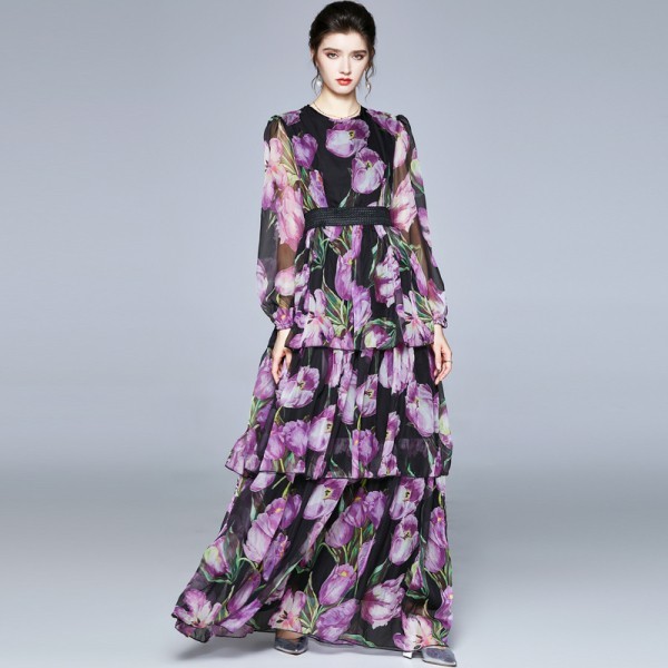 Vintage Fashion Runway Purple Floral Print Maxi Dress Spring High Waist Layer Ruffles Chiffon Holiday Long Dresses Female 210519