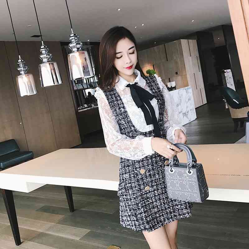 Autumn Winter 2 Piece Set Dress Women Ruffles Bow Shirt Lace Top+Double Breasted Plaid Tweed Vest 210519