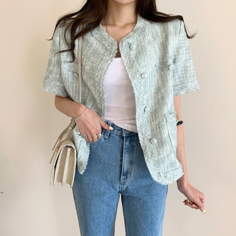 Summer Elegant Tweed Jacket Womens Vinatge Short Sleeve Korean Fashion Single-Breasted Casual Top Female 210519
