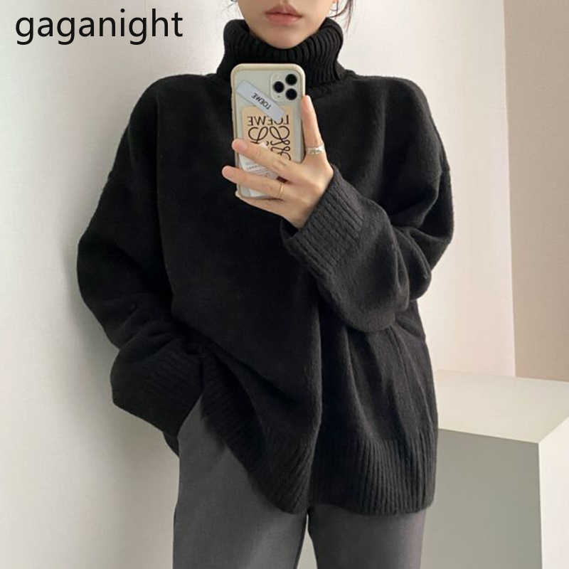 Fashion Solid Women Turtleneck Sweater Autumn Winter Warm Loose Pullovers Elegant Reversible Sweaters Split Female 210601