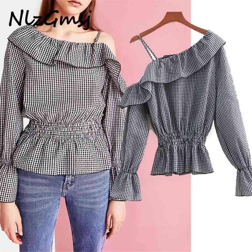 Blouse Women sexy shirt fashion plaid asymmetrical strapless ruffled chiffon street ethnic top 210628, As picture
Blouse Women sexy shirt fashion plaid asymmetrical strapless ruffled chiffon street ethnic top 210628, As picture
