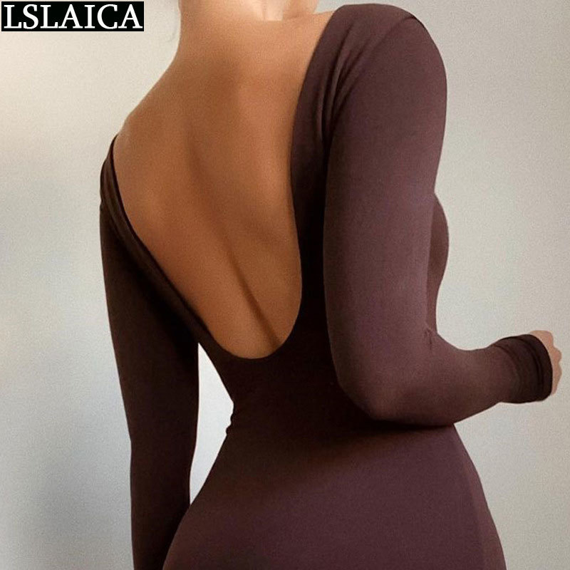 Fashion Workout Bodysuit Backless Jumpsuits for Women Long Sleeve Knitted Fitness Skinny Body Suits Romper 210515