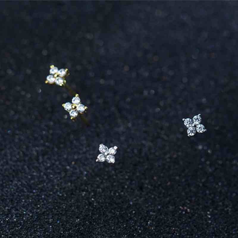 WANTME Real 925 Sterling Silver Minimalist White Zircon Four-leaf Clover Mini Small Stud Earrings for Women Teen Girl Jewelry 210507