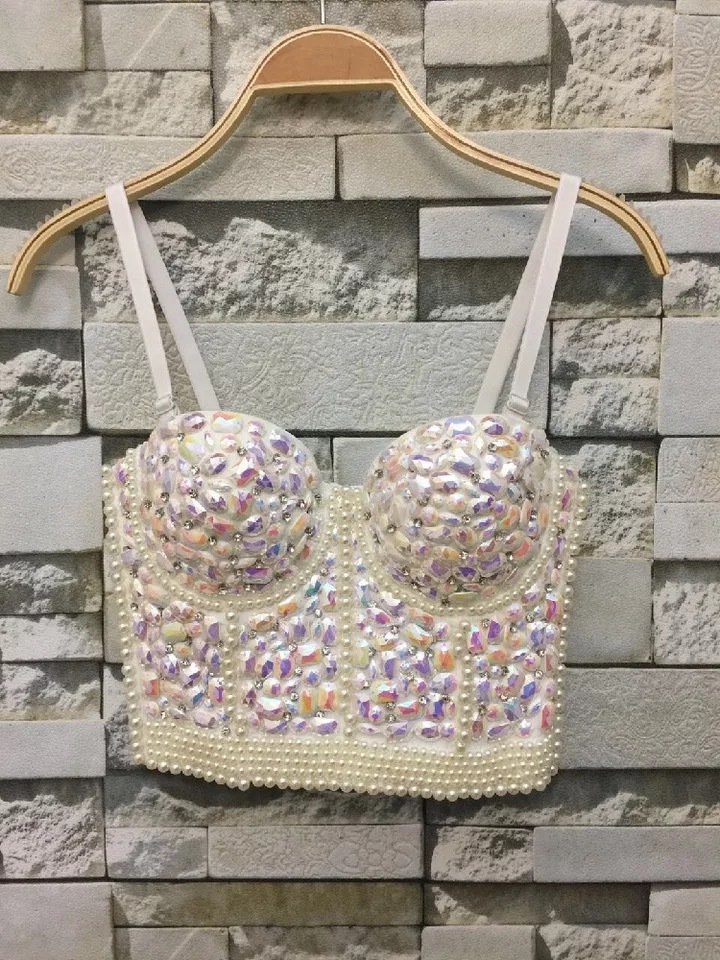 Sexy pearl beading Squined Top Rave Festival Glitter Bustier Silver Tank Party Night Club Handmade Vest Diamond Bra 210421