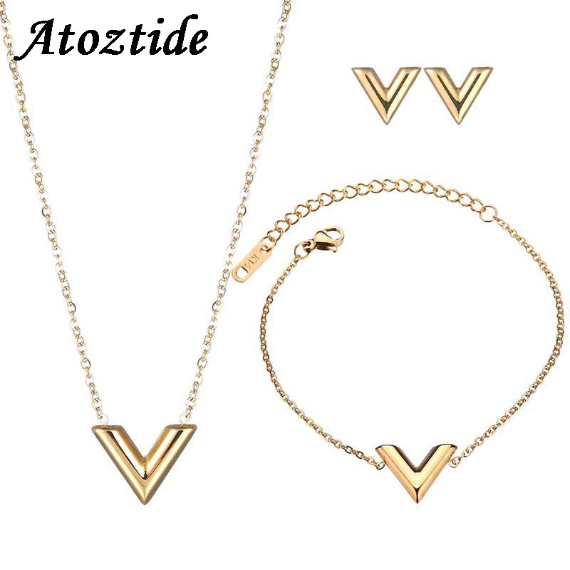 Charm Women Stainless Steel Letter V Jewelry Sets Brand Piercing Stud Earrings Pendant Necklace Adjustable Bracelet
Charm Women Stainless Steel Letter V Jewelry Sets Brand Piercing Stud Earrings Pendant Necklace Adjustable Bracelet