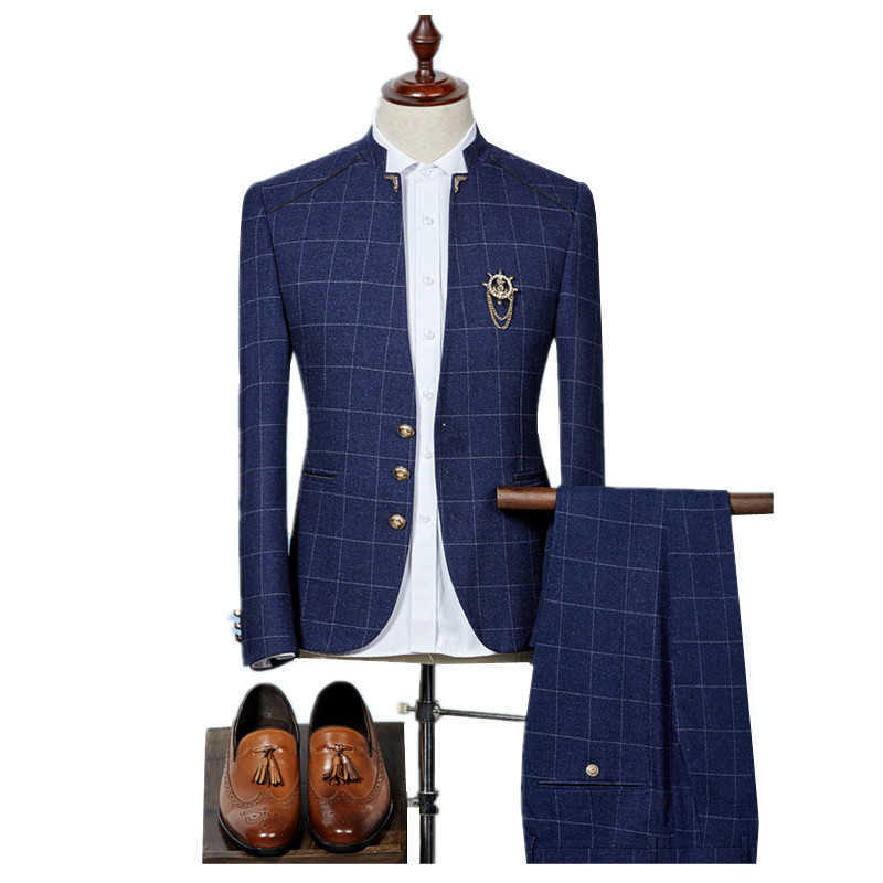 Classic Men Plaid Suits Size S-3XL Slim Fit Men Blazer Jacket and Pants, Black, Navy, Mens Wedding Suits High Quality X0909