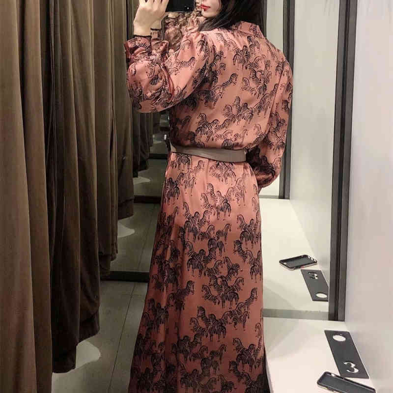 Casual Woman Loose Zebra Print Satin Belt Shirt Long Dress Spring Fashion Ladies Soft Dresses Female Elegant 210515