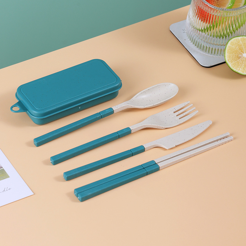 Wheat Straw Portable Tableware Set Folding Tablewares Knife Fork Spoon Chopsticks Detachable With Storage Box