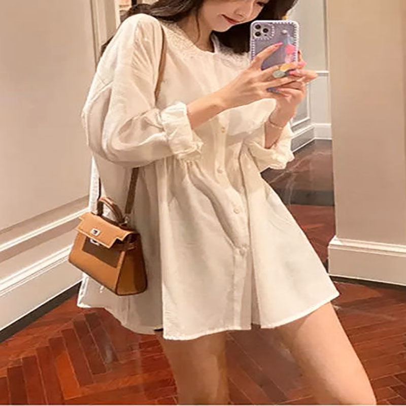 Elegant Shirt Dress Women Lace Chiffon Long Sleeve Casual Mini Dress Office Lady High Waist Dress Korean Summer 210521