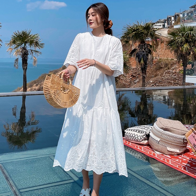 Retro Fashion Elegant White Cotton Hollow Embroidery Party Dress Women Summer Short Sleeve Casual Loose Dresses Female Vestidos 210519