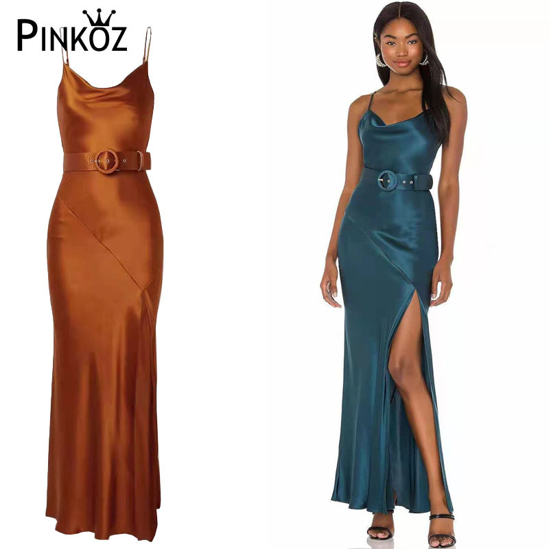 party maxi dress for women slim bodycon high waist camisole spaghetti strap blue satin silky sexy belt dresses lady robe 210421