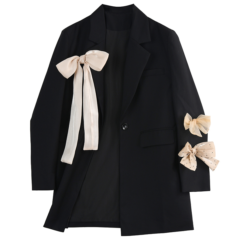 [EAM] Women Black Big Size Casual Bow Brief Blazer Lapel Long Sleeve Loose Jacket Fashion Spring Autumn 1DD7886 210512